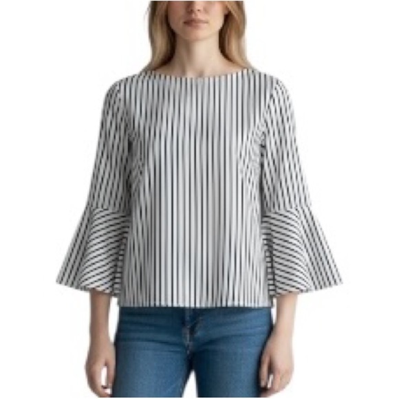 Gibson Black and White Striped Cotton blend Blouse with Bell Sleeves S - Picture 1 of 7